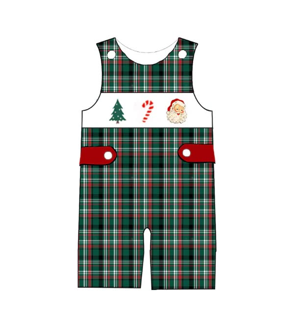 (Custom Design Preorder MOQ 5) Santa Candy Cane Plaid Print Baby Boys Christmas Romper