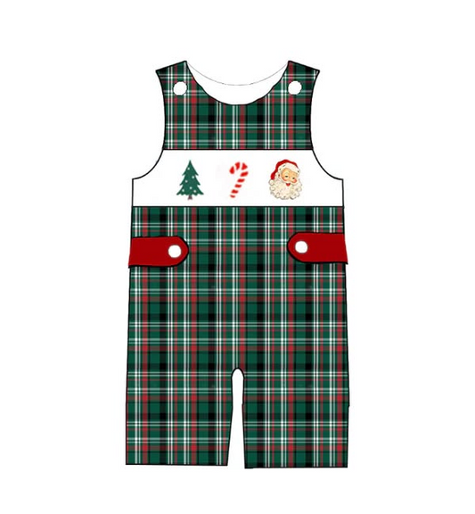 (Custom Design Preorder MOQ 5) Santa Candy Cane Plaid Print Baby Boys Christmas Romper