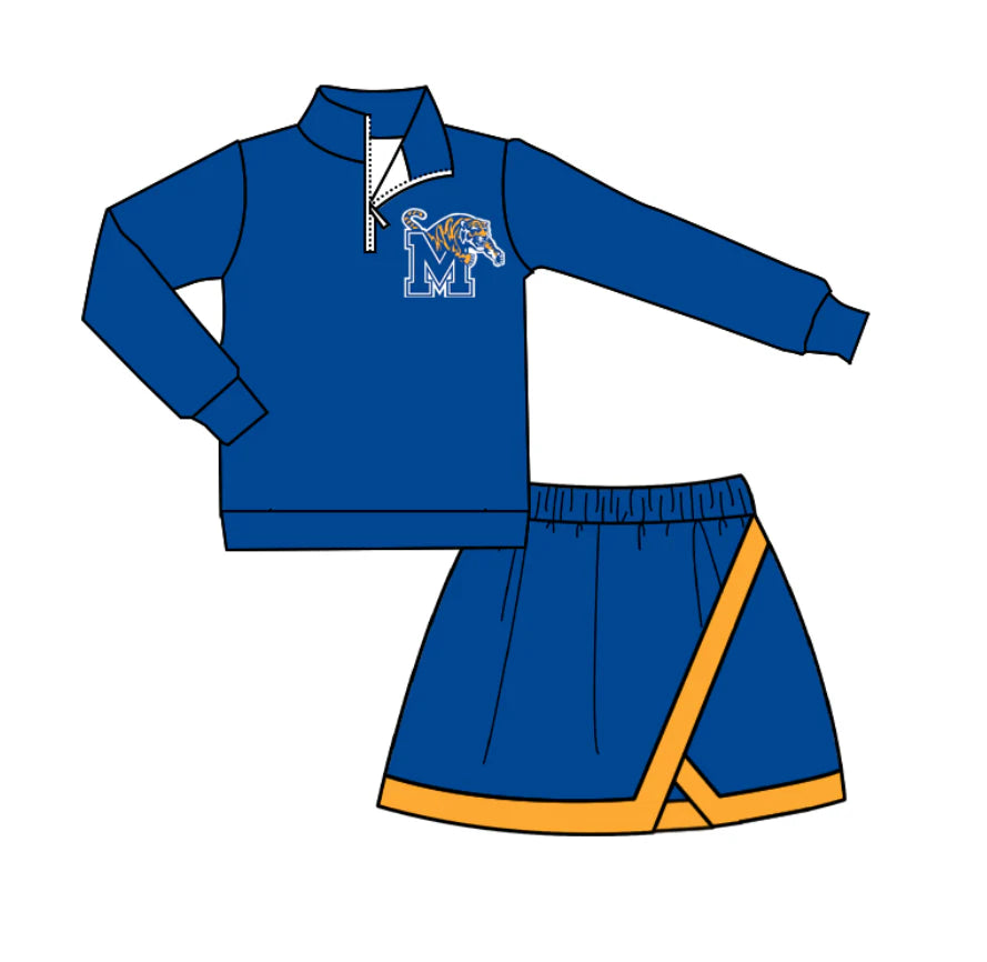 (Custom Design Preorder MOQ 5) Team's Memphis Tigers Zipper Pullover Top Blue Skirts Girls Clothes Set