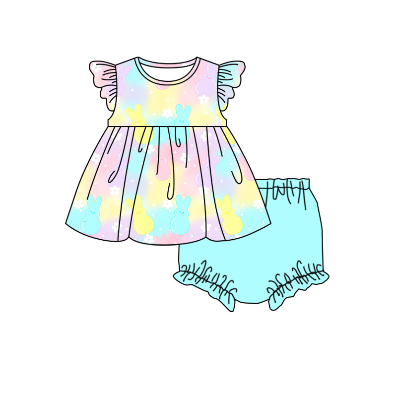 (Custom Design Preorder MOQ 5) Bunny Tie-dye Print Baby Girls Easter Bummie Set