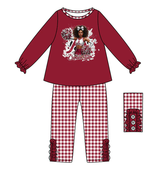 (Custom Design Preorder MOQ 5) Team's Alabama Cheer Top Plaid Pants Girls Fall Clothes Set