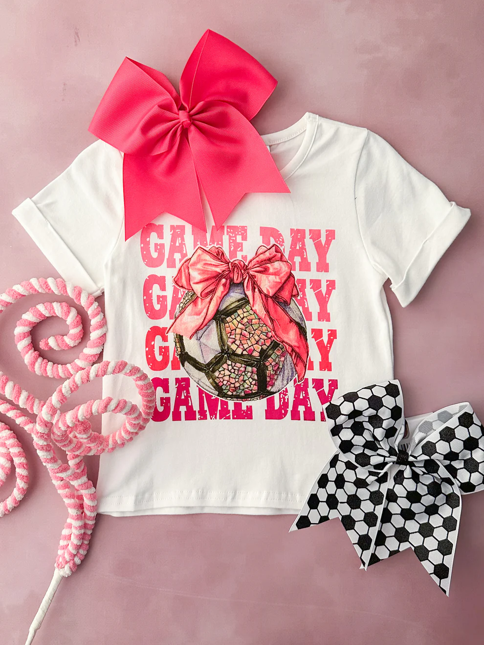 (Custom Design Preorder MOQ 5) Game Day Bow Soccer Print Girls Summer Tee Shirts Top