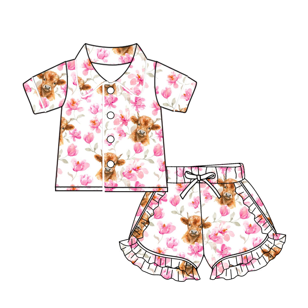 (Custom Design Preorder MOQ 5) Highland Cow Flowers Print Girls Summer Pajamas Clothes Set