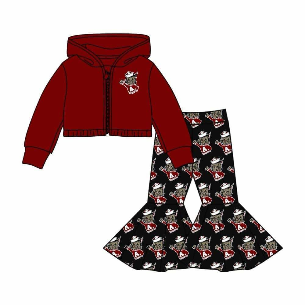 (Custom Design MOQ 5) Team's A Cat Wine Print Bell Pants Hoodie Jacket Top Girls Clothes Set