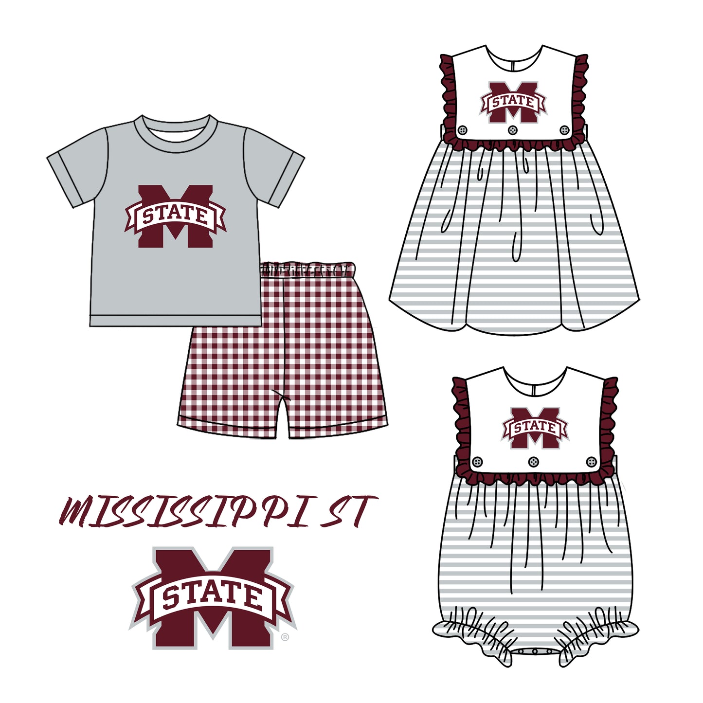 (Custom Design Preorder MOQ 5 Each Design) Team's Mississippi State Print Kids Summer Matching Clothes Sibling Wear