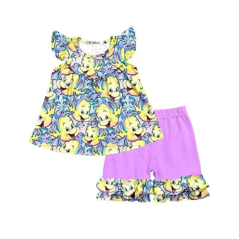 (Custom Design Preorder MOQ 5) Cartoon Fish Top Ruffle Shorts Girls Summer Clothes Set