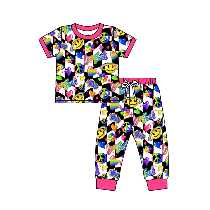 (Custom Design Preorder MOQ 5) Colorful Lisa Smiling Face Print Girls Pajamas Clothes Set
