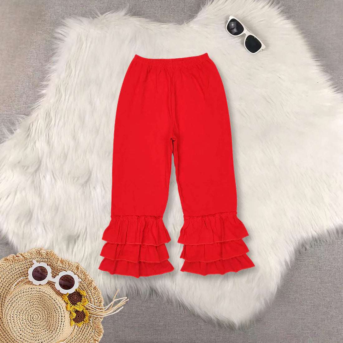 Ruffles Solid Color Girls Cotton Pants Sisters Wear