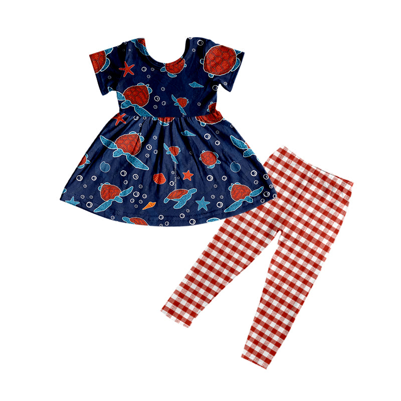 (Custom Design Preorder MOQ 5) Sea Turtle Print Tunic Top Red Plaid Legging Pants Girls 4th of July Clothes Set
