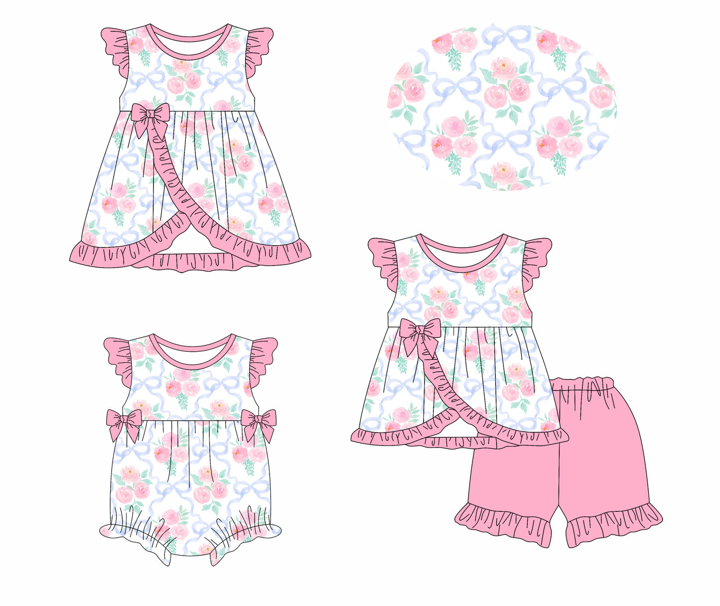 3.8(Custom Design Preorder MOQ 5 Each Design) Flowers Pink Bows Print Girls Summer Matching Clothes Sisters Wear