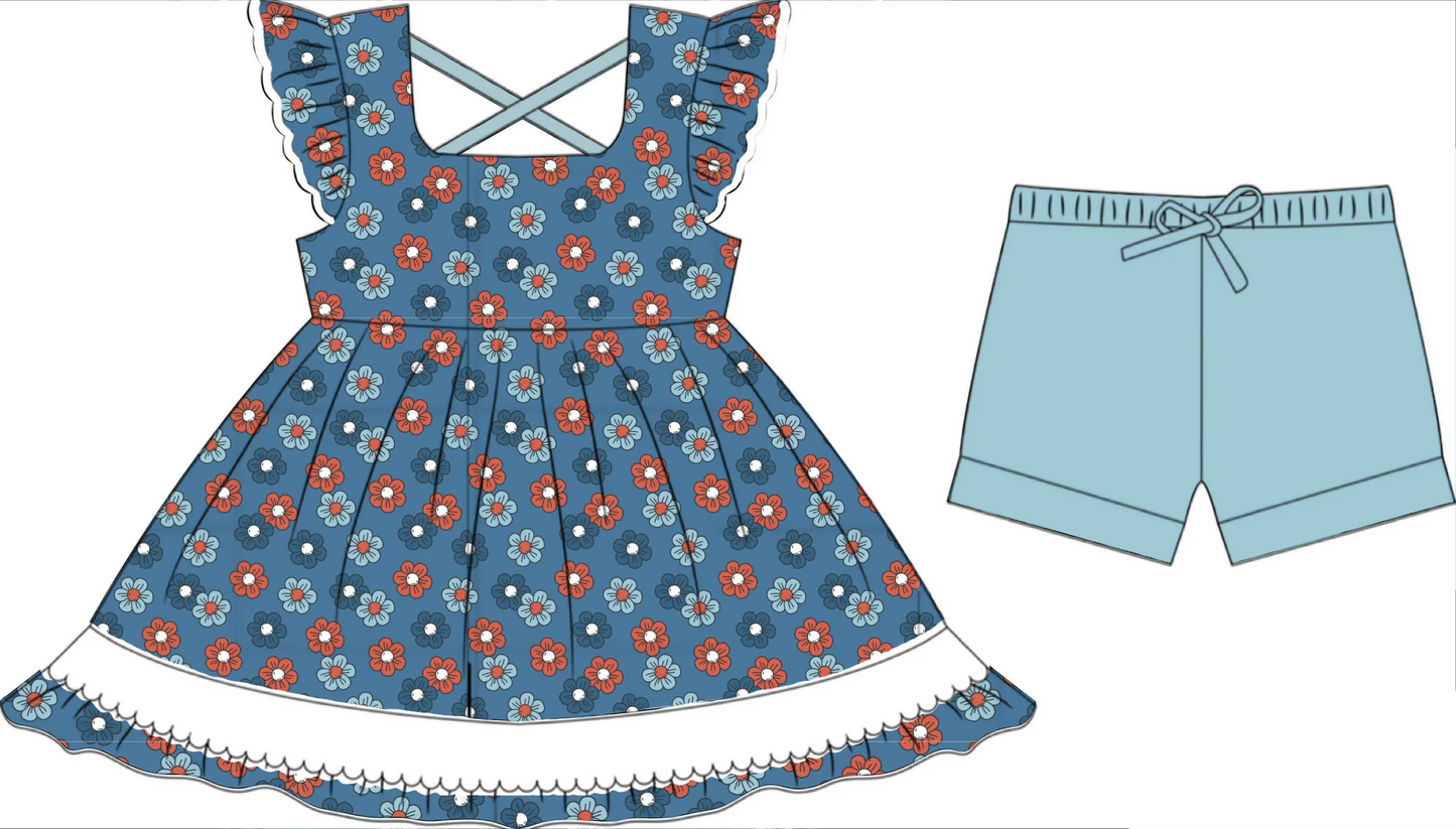 (Custom Design Preorder MOQ 5) Flowers Tunic Top Blue Shorts Girls 4th of July Clothes Set