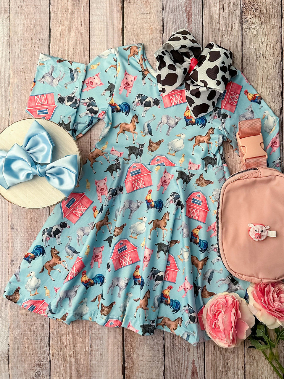 (Custom Design Preorder MOQ 5) Blue Farm Animal Print Girls Knee Length Dress