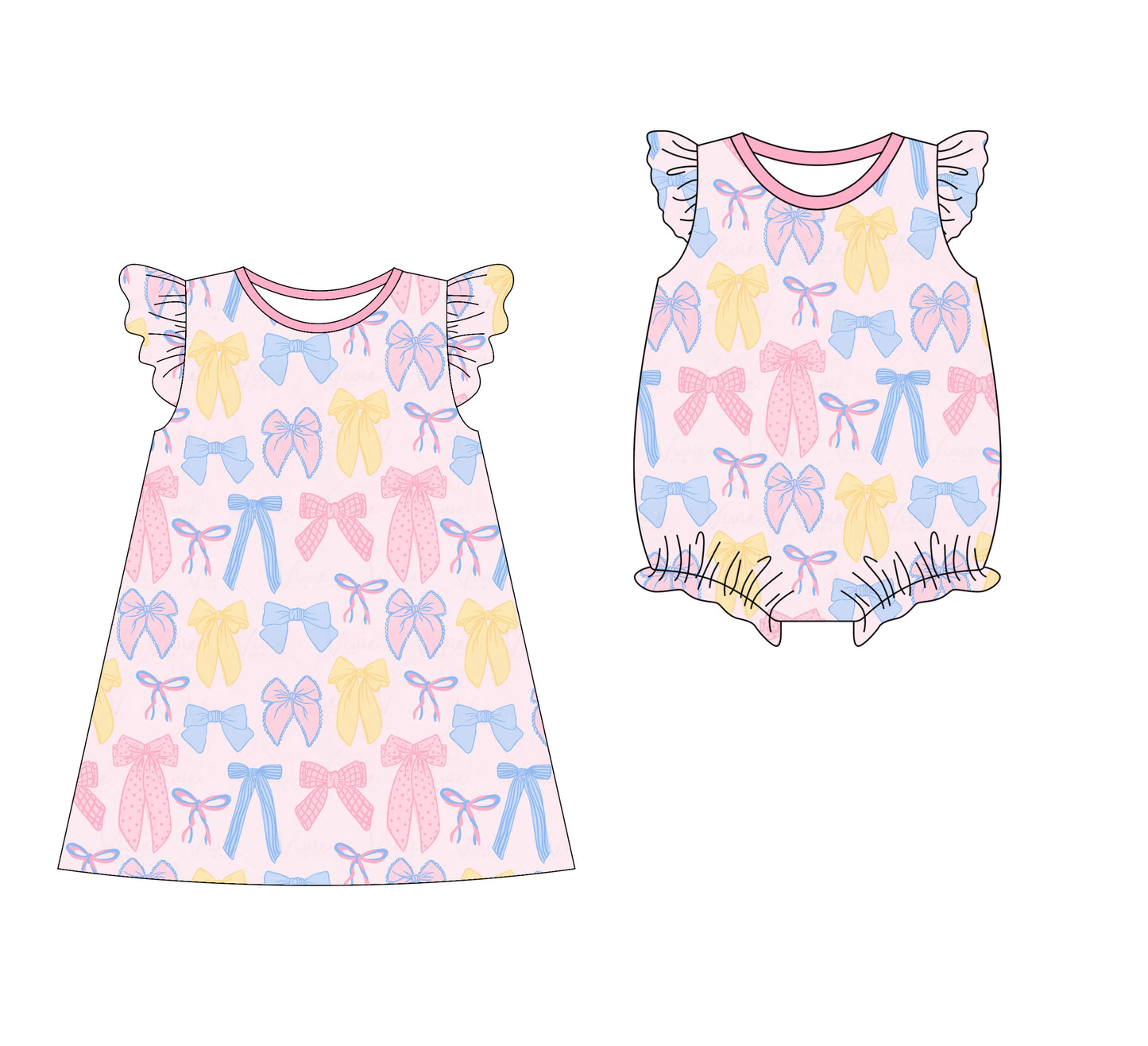 3.10(Custom Design Preorder MOQ 5 Each Design) Colorful Bows Print Girls Summer Matching Clothes Sisters Wear