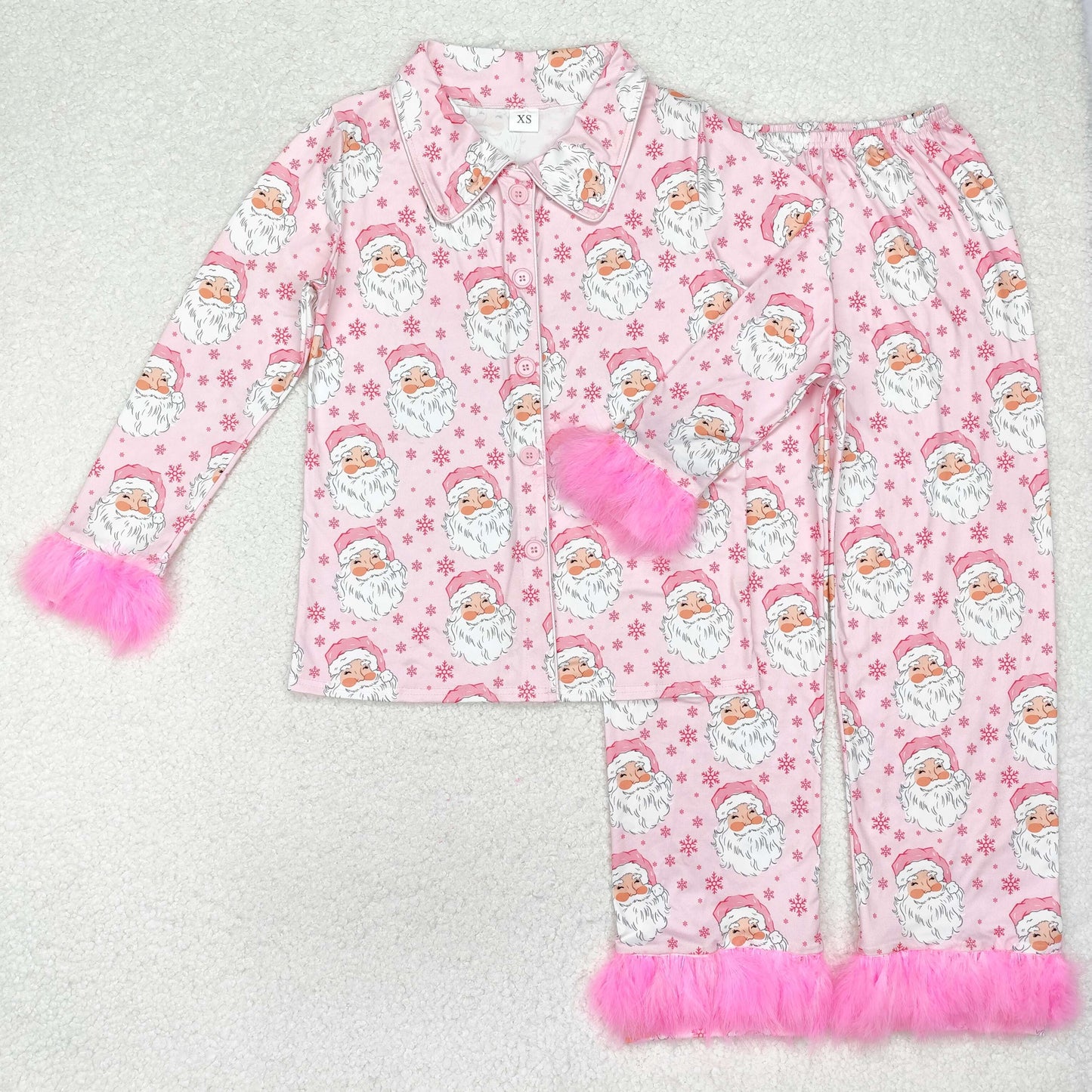 Pink Santa Print Mom and Me Matching Christmas Buttons Fur Pajamas Clothes Set