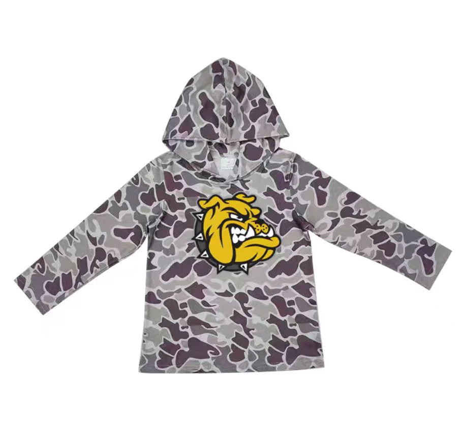 (Custom Design Preorder MOQ 5) Team Bulldogs Dark Brown Camo Print Kids Long Sleeve Hoodie Top