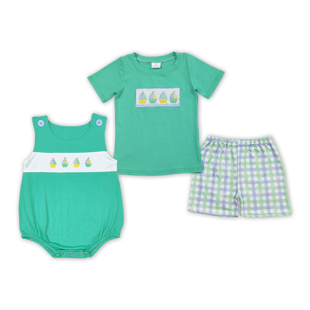 Sailboat Embroidery Green Plaid Print Brothers Summer Matching Clothes