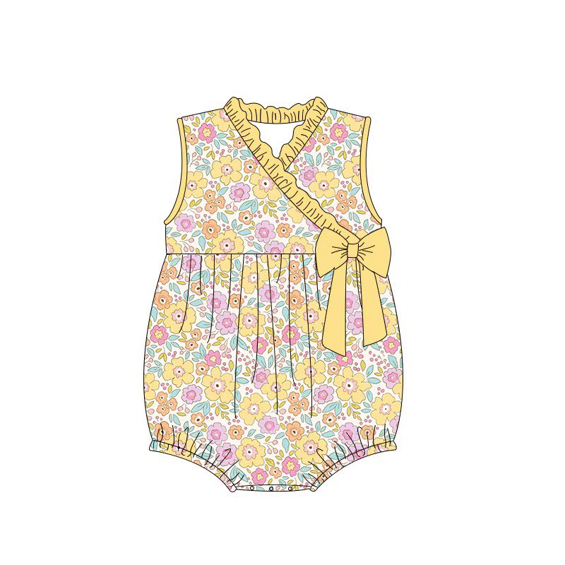 (Custom Design Preorder MOQ 5) Yellow Flowers Print Baby Girls Summer Romper