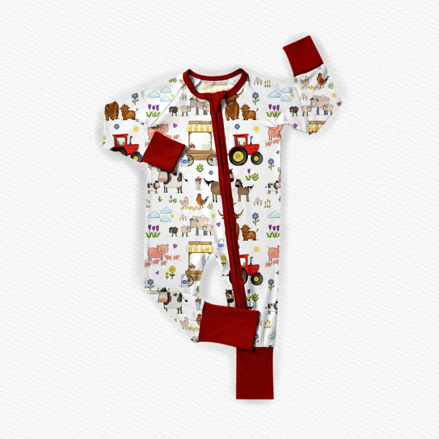 (Custom Design Preorder MOQ 5) Farm Animals Red Print Baby Long Sleeve Zipper Sleeper Romper