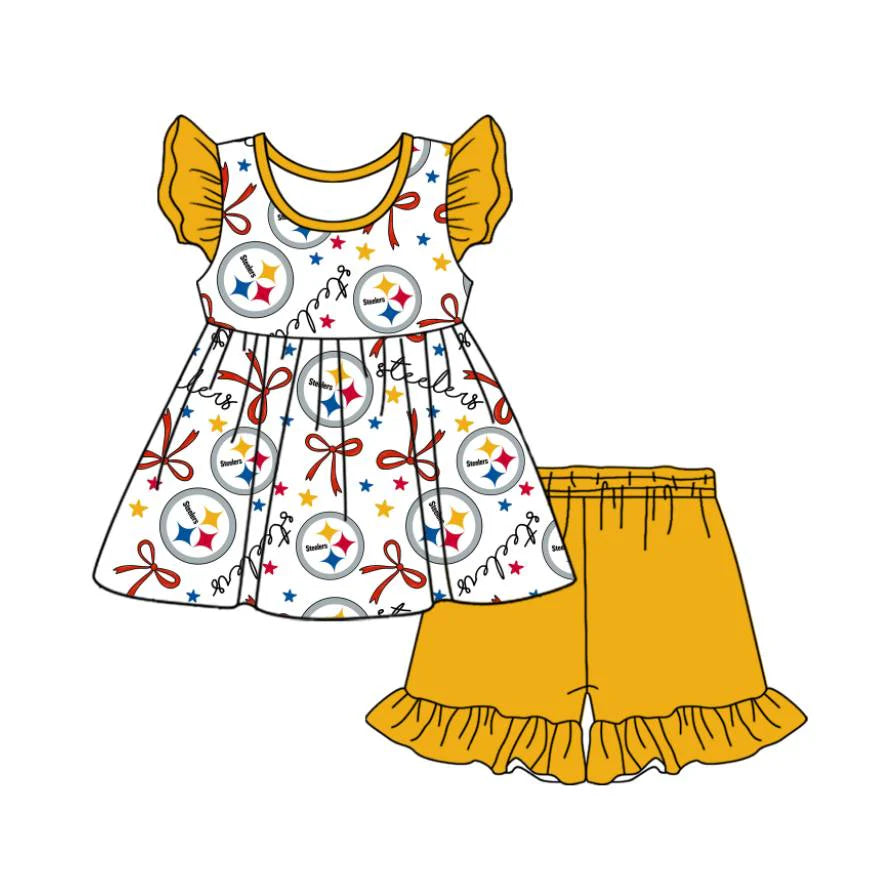 (Custom Design Preorder MOQ 5) Team's Steelers Bows Top Yellow Shorts Girls Summer Clothes Set