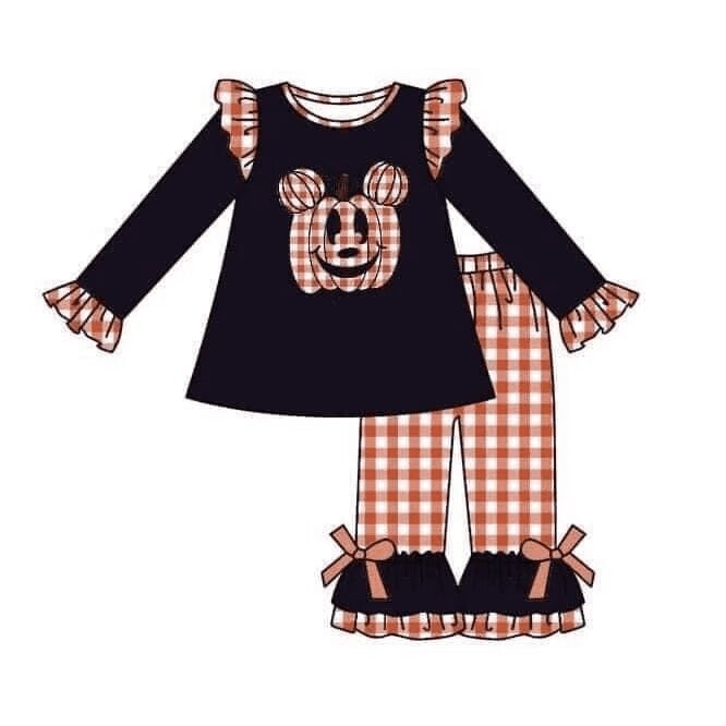 (Custom Design Preorder MOQ 5) Pumpkin Orange Plaid Print Girls Halloween Clothes Set
