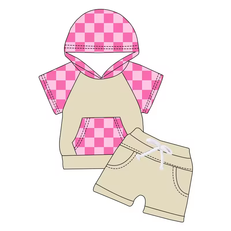 (Custom Design Preorder MOQ 5) Pink Plaid Hoodie Top Shorts Kids Summer Clothes Set