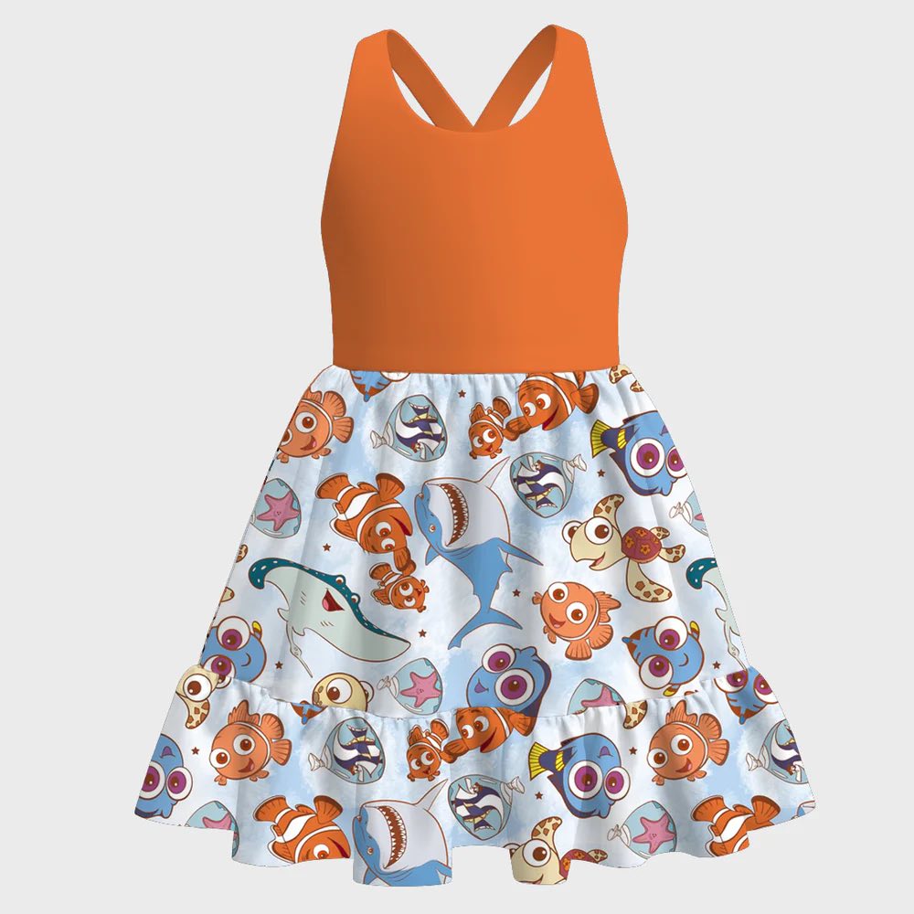 (Custom Design Preorder MOQ 5) Cartoon Fish Print Girls Summer Knee Length Dress