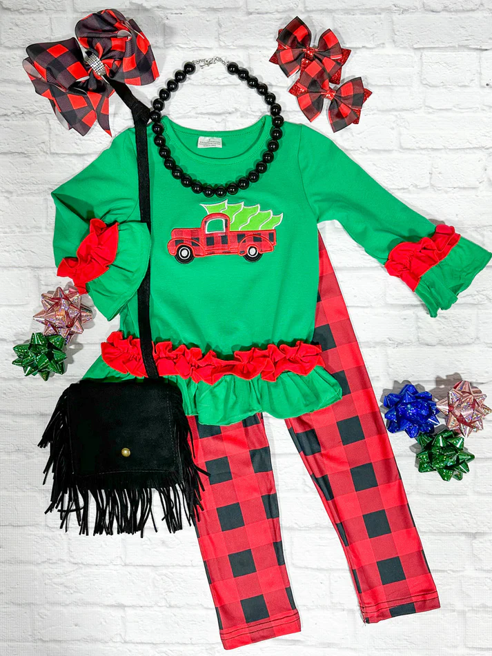 (Custom Design Preorder MOQ 5) Truck Green Top Plaid Pants Girls Christmas Clothes Set
