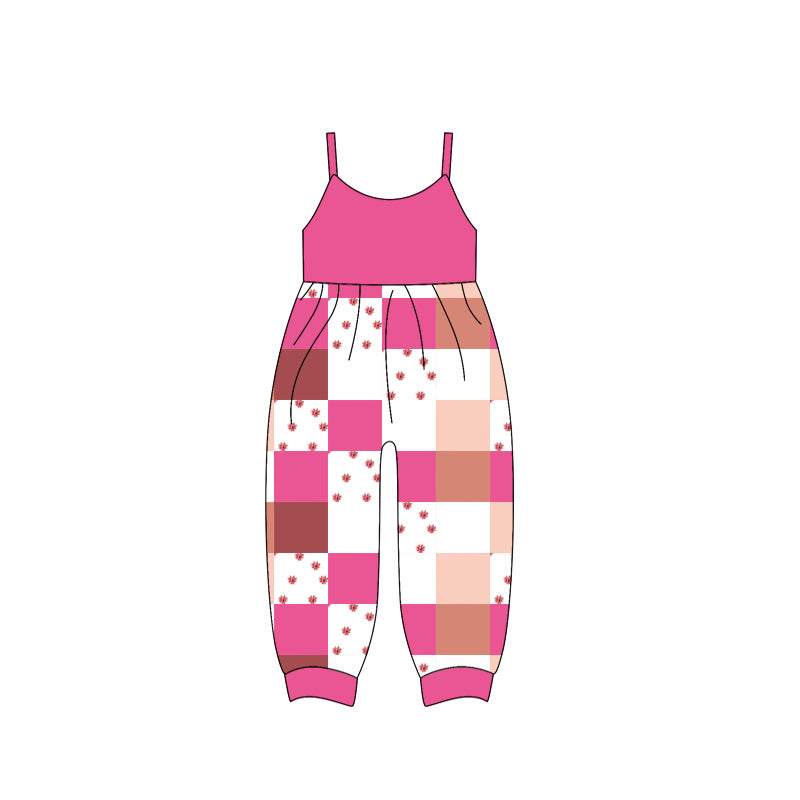 (Custom Design Preorder MOQ 5) Pink Plaid Print Girls Summer Jumpsuits
