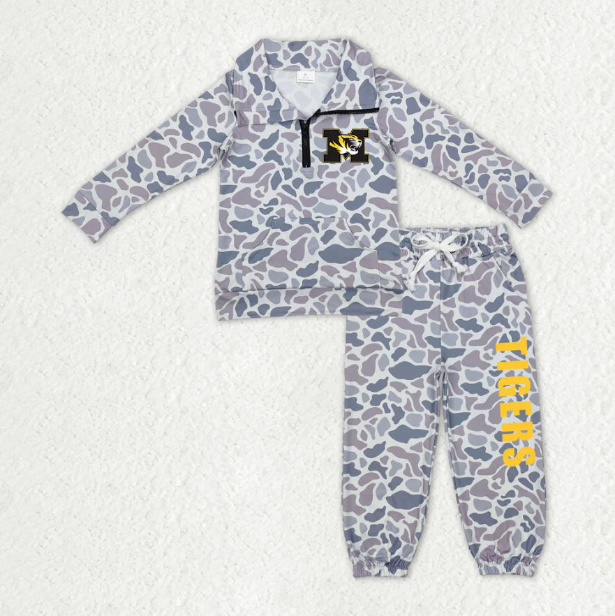 (Custom Design Preorder MOQ 5) Team's Missouri Tigers Grey Camo Zipper Top Pockets Pants Boys Fall Clothes Set