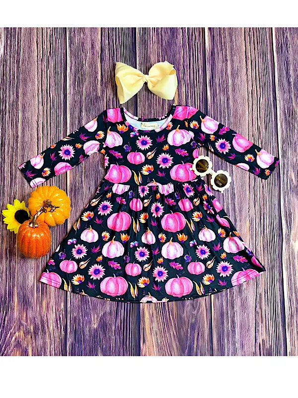 (Custom Design Preorder MOQ 5 ) Pumpkin Hot Pink Flowers Print Girls Fall Knee Length Dress
