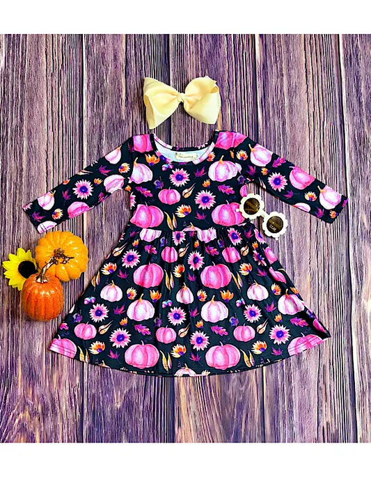 (Custom Design Preorder MOQ 5 ) Pumpkin Hot Pink Flowers Print Girls Fall Knee Length Dress