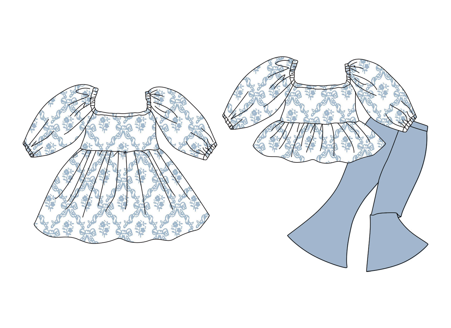 12.10 (Custom Design Preorder MOQ 5 Each Design) Flowers Bows Grey Print Girls Matching Clothes Sisters Wear