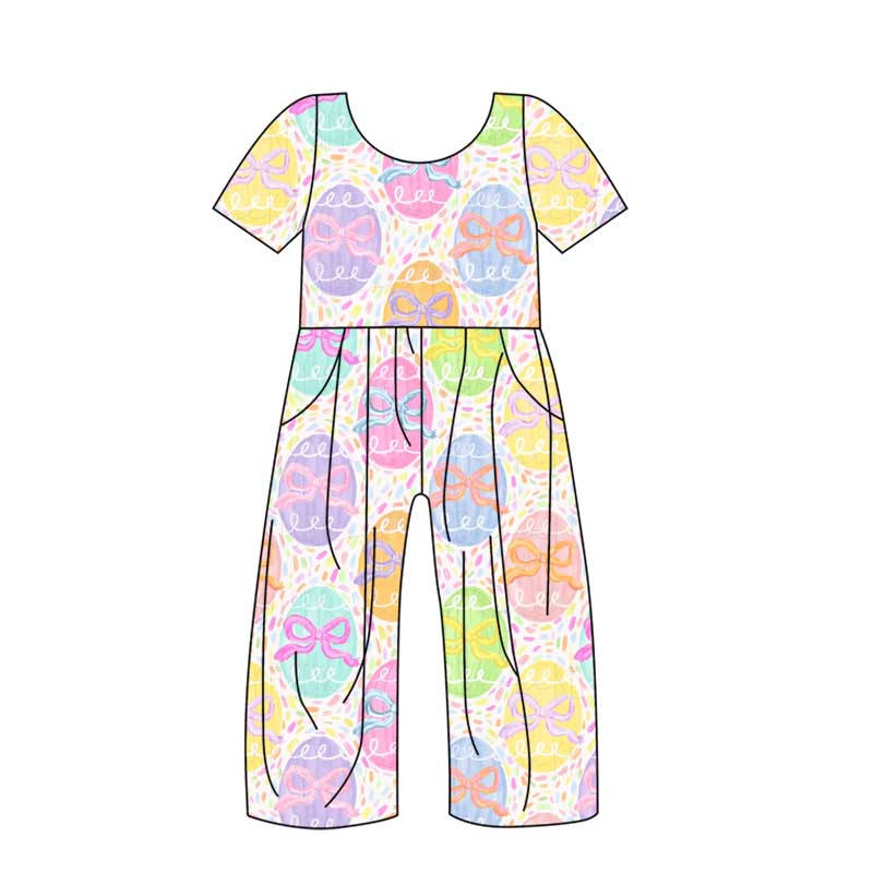 (Custom Design Preorder MOQ 5) Colorful Eggs Print Girls Pockets Easter Jumpsuits