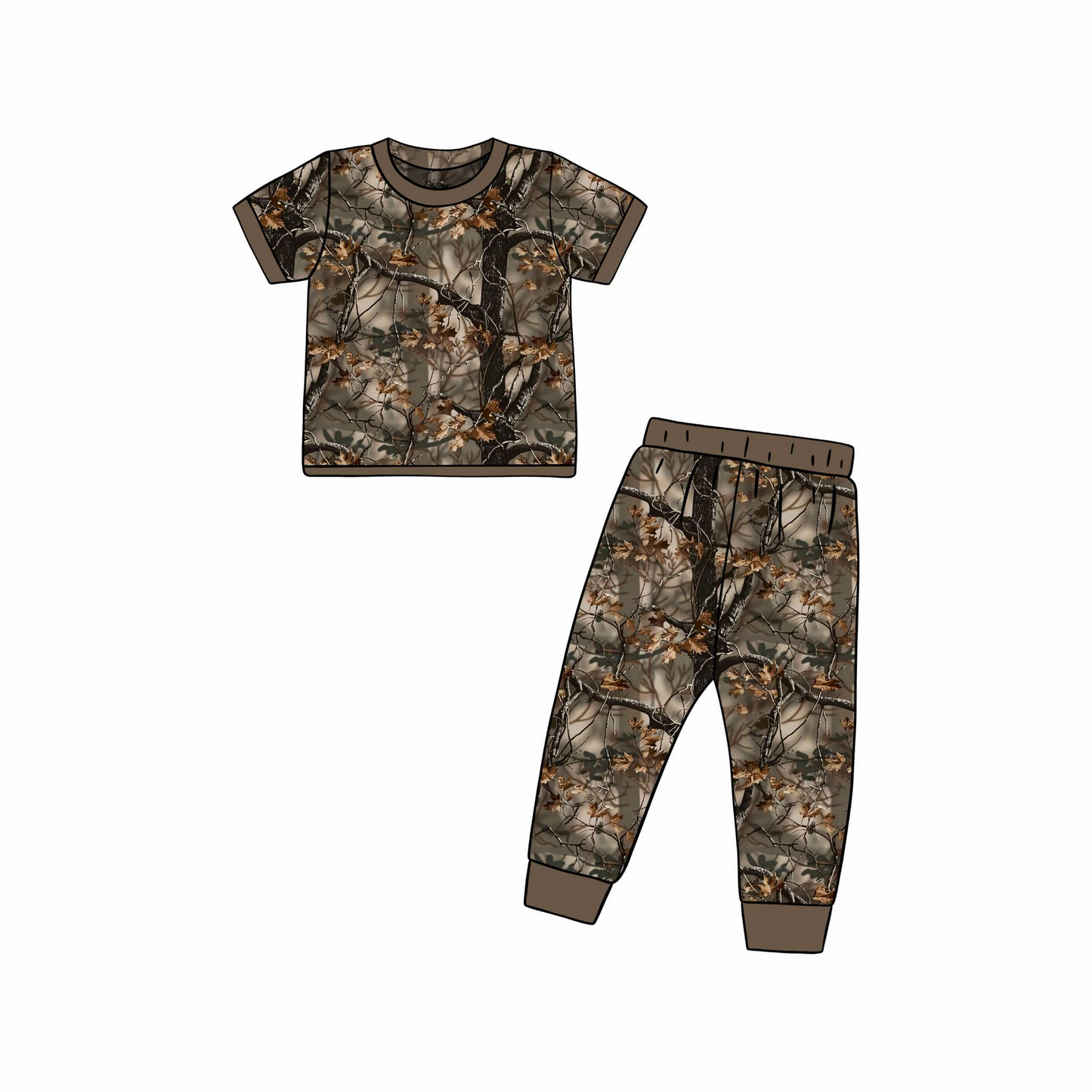 (Custom Design Preorder MOQ 5) Branch Camo Print Kids Pajamas Clothes Set