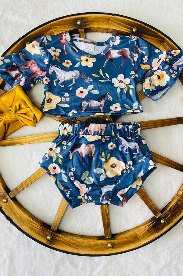(Custom Design Preorder MOQ 5) Flowers Horse Print Shorts Baby Girls Summer Bummie Set