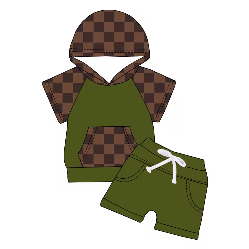 (Custom Design Preorder MOQ 5) Brown Plaid Hoodie Top Green Shorts Boys Summer Clothes Set