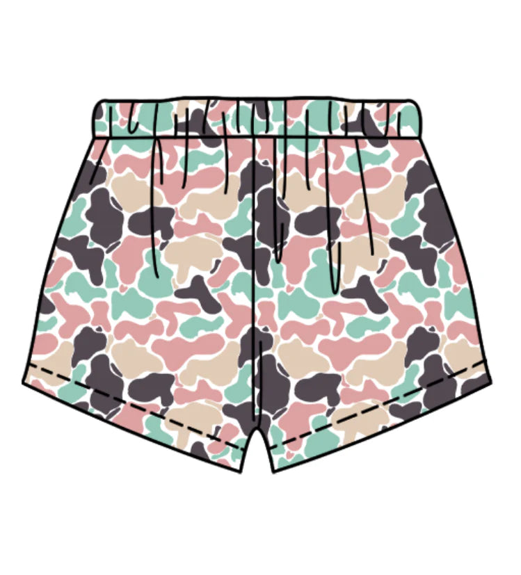 (Custom Design Preorder MOQ 5 Each Item) Green Pink Camo Print Summer Bottom Shorts Mom and Me Matching Clothes