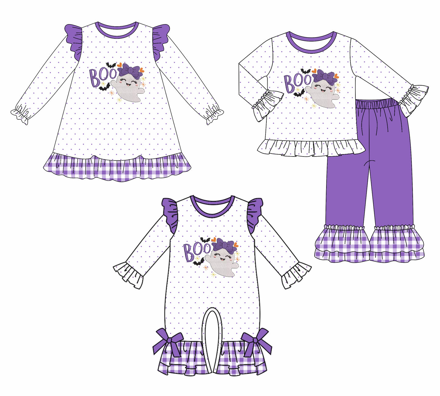 7.10(Custom Design Preorder MOQ 5 Each Design) BOO SPOOKY Print Girls Halloween Matching Clothes Sisters Wear