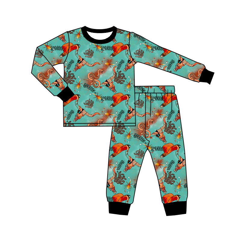 (Custom Design Preorder MOQ 20) Cow Skull Green Print Kids Western Pajamas Bamboo Clothes Set