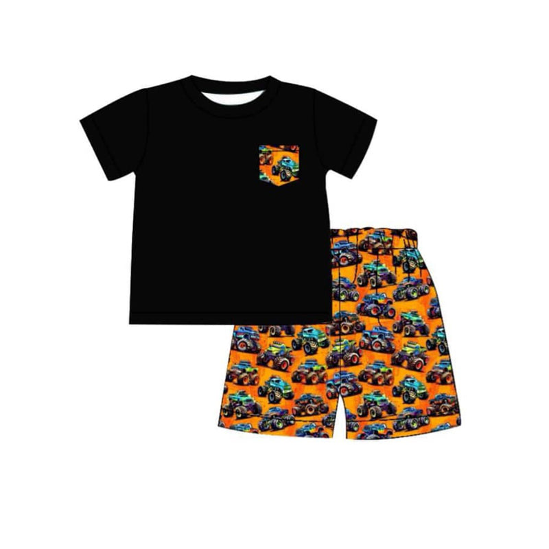 (Custom Design Preorder MOQ 5) Black Pocket Top Monster Truck Shorts Boys Summer Clothes Set