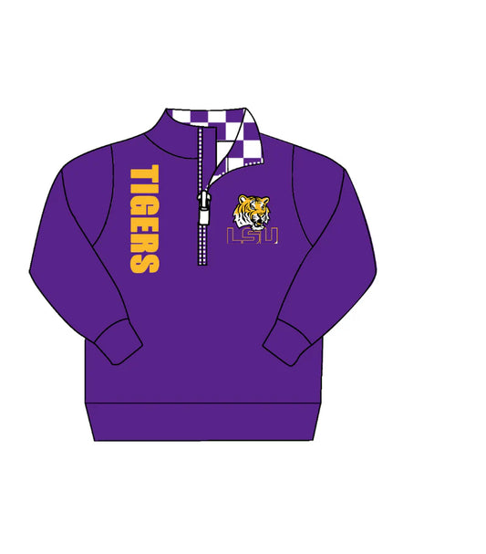 (Custom Design Preorder MOQ 5) Team's TIGERS Purple Print Kids Long Sleeve Zipper Pullover Top