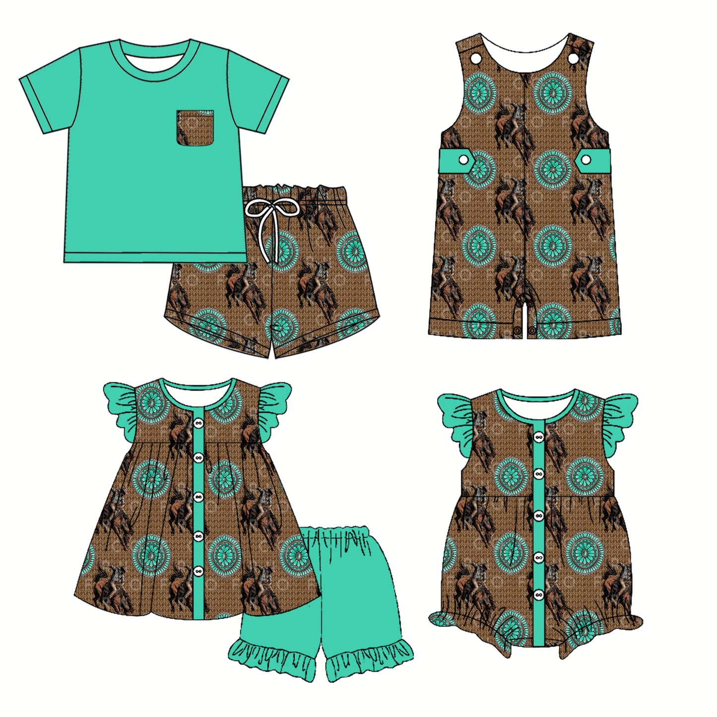 2.22(Custom Design Preorder MOQ 5 Each Design) Turquoise Cowboy Print Kids Summer Matching Clothes Sibling Wear