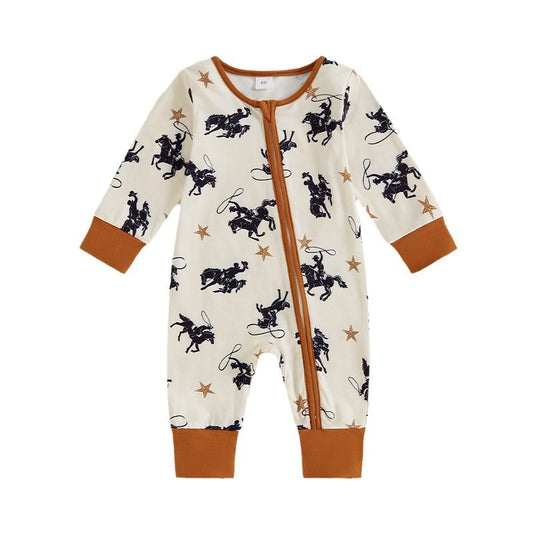(Custom Design Preorder MOQ 20)  Rodeo Print Baby Boys Bamboo Fall Sleeper Zipper Romper