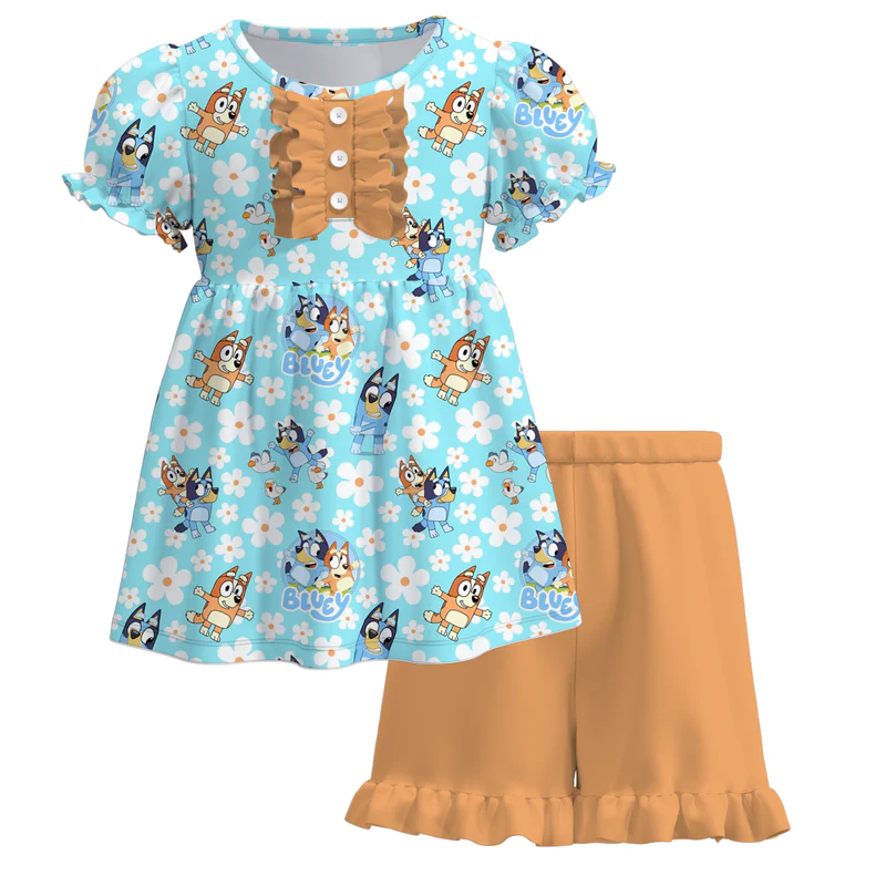 (Custom Design Preorder MOQ 5) Cartoon Dog Flowers Tunic Top Ruffle Shorts Girls Summer Clothes Set