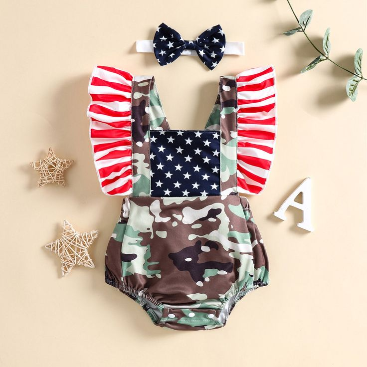 (Custom Design Preorder MOQ 5) Camo Stars Print Baby Girls 4th of July Romper