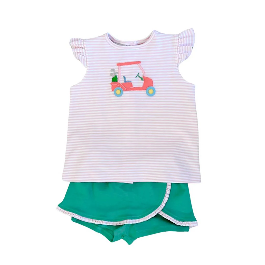 (Split Order Preorder) Deadline Aug 26 Golf Truck Stripes Top Green Skirts Shorts Girls Summer Clothes Set
