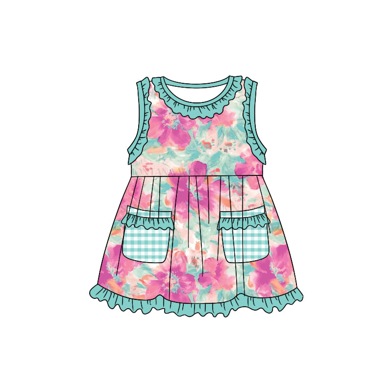(Custom Design Preorder MOQ 5) Green Flowers Print Pockets Girls Knee Length Summer Dress