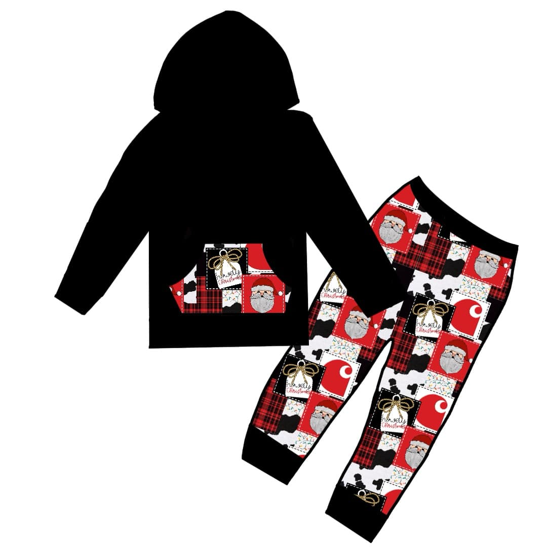 (Custom Design Preorder MOQ 5) Santa Black Hoodie Top Pants Kids Christmas Western Clothes Set