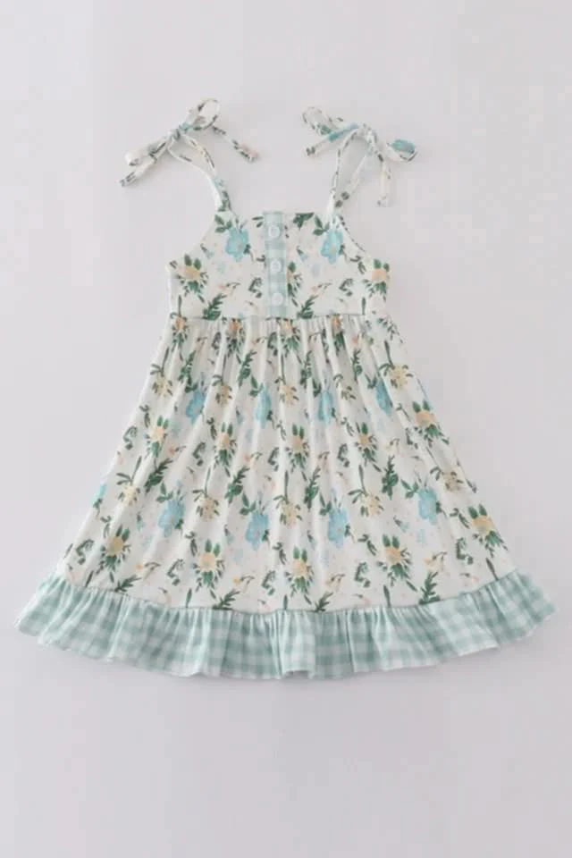 (Custom Design Preorder MOQ 5) Flowers Print Girls Summer Strap Knee Length Dress