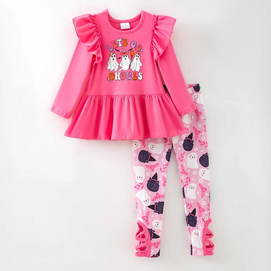 (Custom Design Preorder MOQ 5) Spooky Pink Tunic Top Legging Pants Girls Halloween Clothes Set